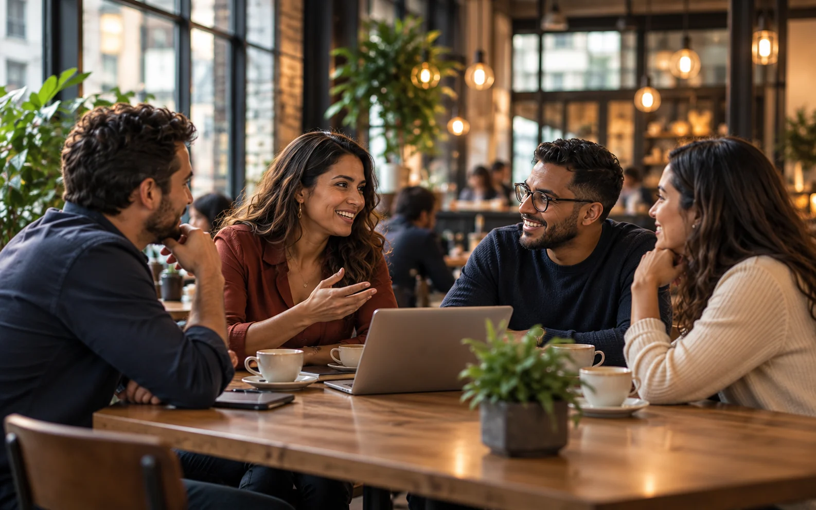 Cena ilustrativa de pessoas conversando ao redor de uma mesa em um café.